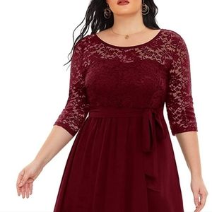 Women's Plus Size Lace Chffon Long Maxi 3/4 Sleeve V-Back Formal Dress